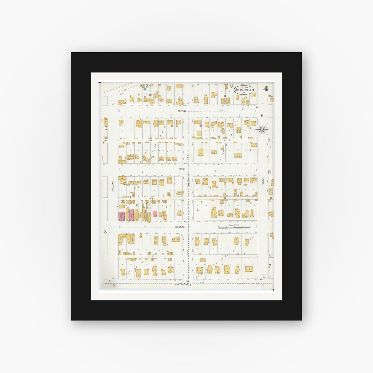 Old map wall art mockup — black gallery frame with white mat — Sanborn Fire Insurance Map from Spring Valley, Bureau County, Illinois (1906), Sheet #0004
