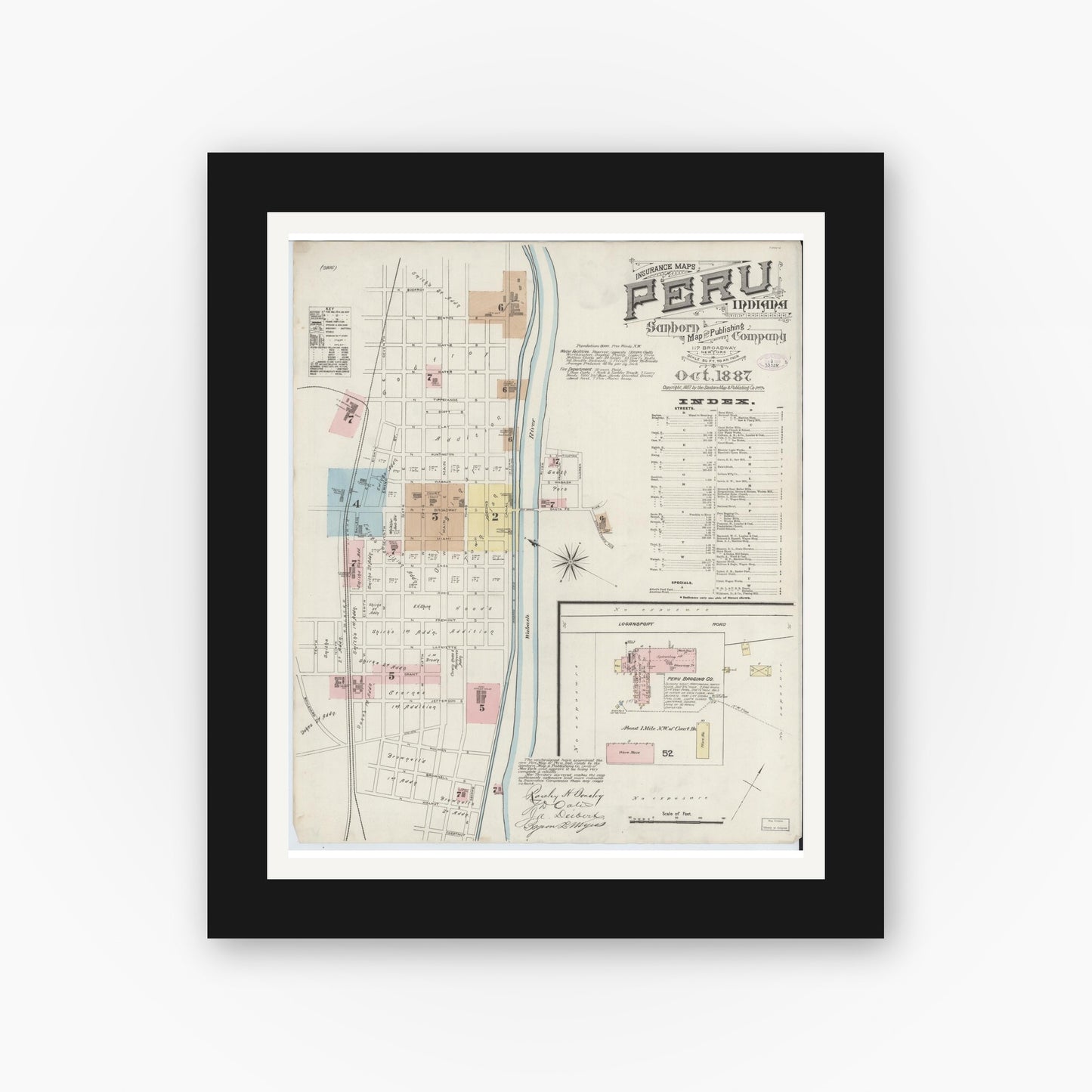 Old map wall art mockup — black gallery frame with white mat — Sanborn Fire Insurance Map from Peru, Miami County, Indiana (1887) - Complete Map Set