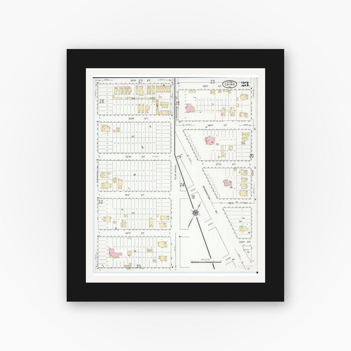 Old map wall art mockup — black gallery frame with white mat — Sanborn Fire Insurance Map from Cairo, Alexander County, Illinois (1914), Sheet #0023
