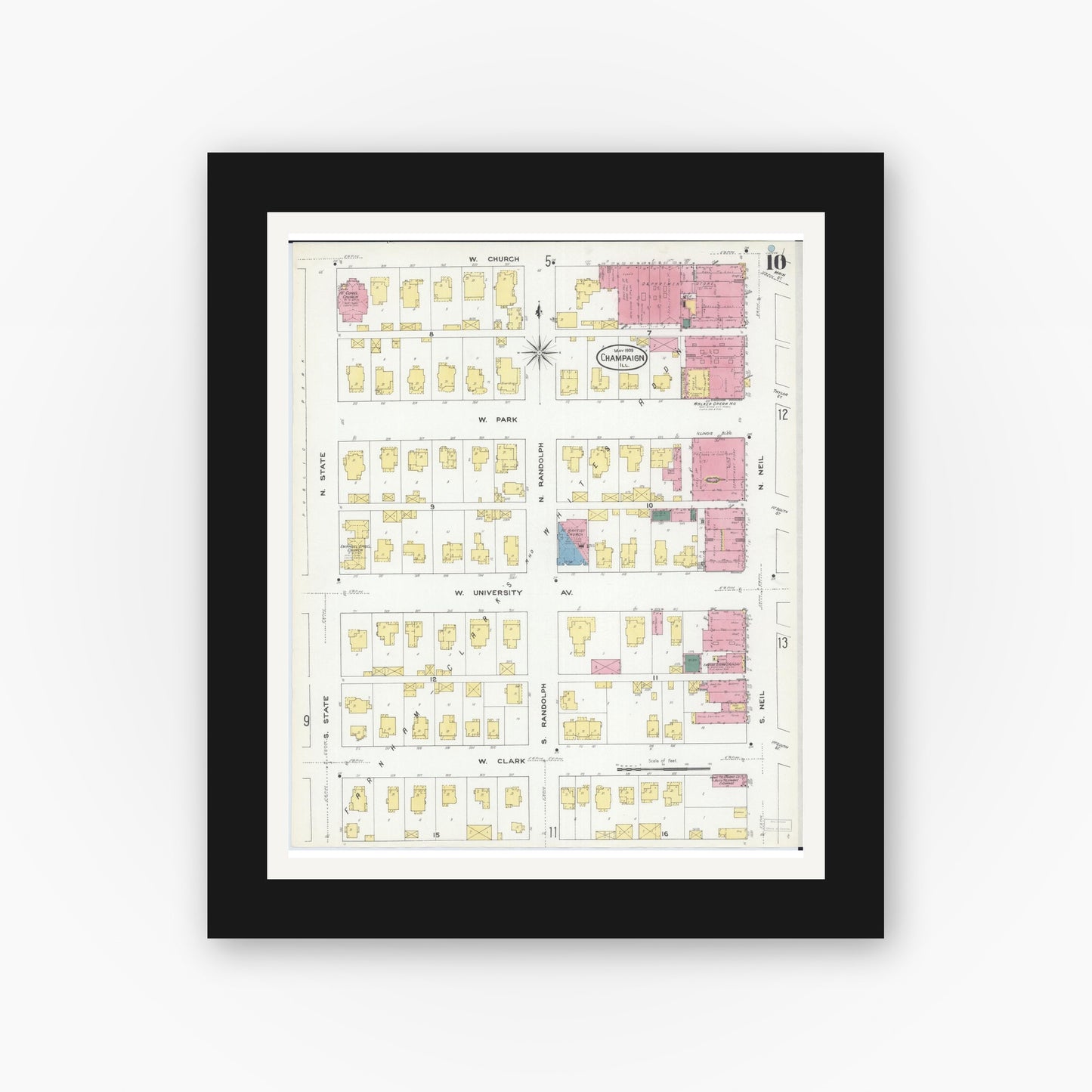 Old map wall art mockup — black gallery frame with white mat — Sanborn Fire Insurance Map from Champaign, Champaign County, Illinois (1909), Sheet #0010
