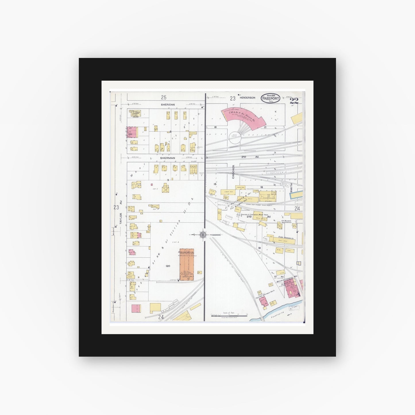 Old map wall art mockup — black gallery frame with white mat — Sanborn Fire Insurance Map from Freeport, Stephenson County, Illinois (1918), Sheet #0022