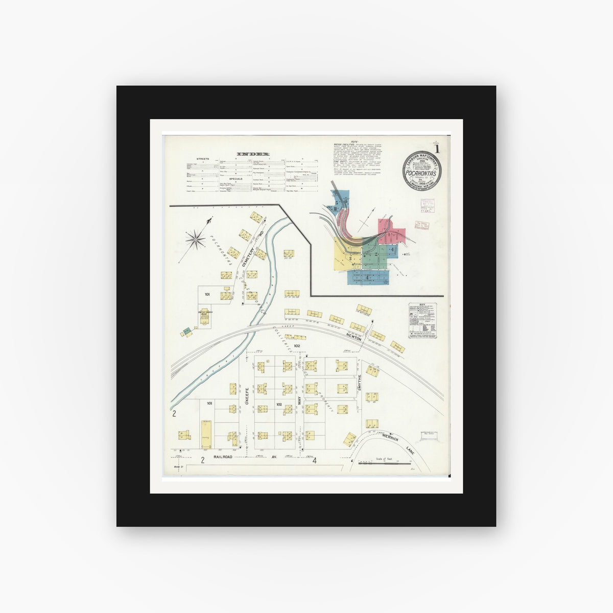 Old map wall art mockup — black gallery frame with white mat — Sanborn Fire Insurance Map from Pocahontas, Tazewell County, Virginia (1908) - Complete Map Set