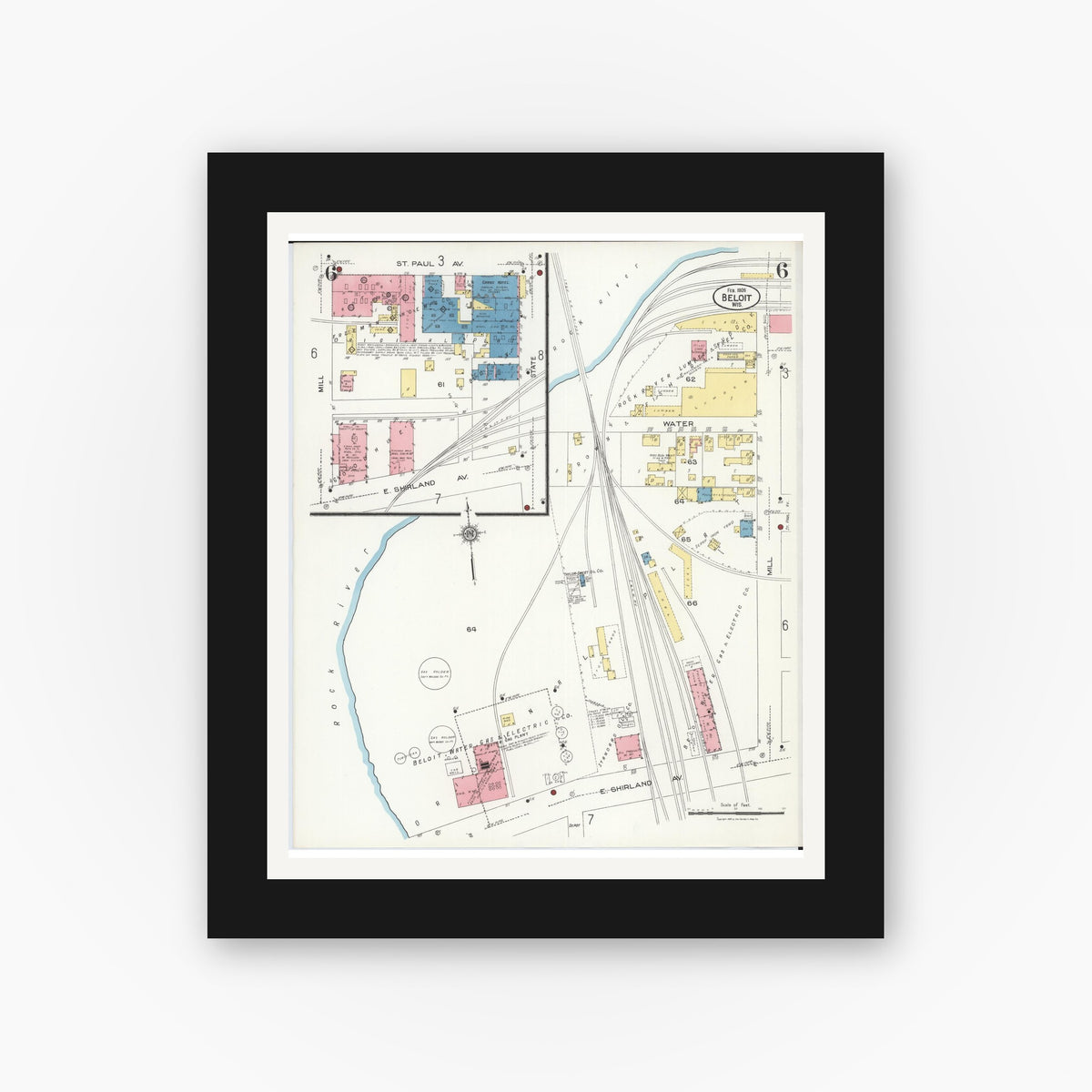 Old map wall art mockup — black gallery frame with white mat — Sanborn Fire Insurance Map from Beloit, Rock County, Wisconsin (1926), Sheet #0006