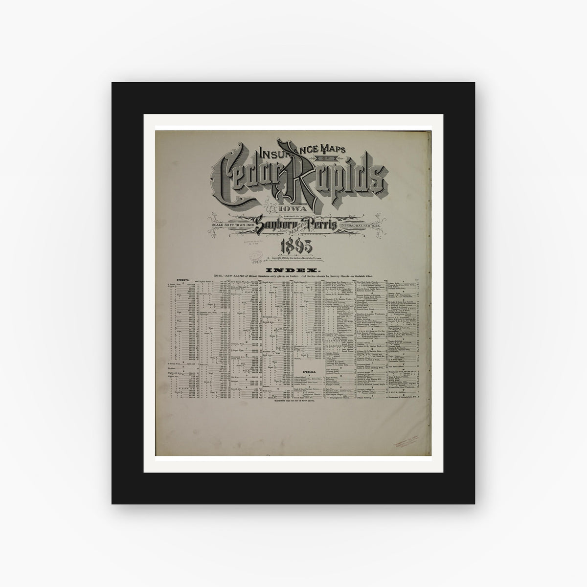 Old map wall art mockup — black gallery frame with white mat — Sanborn Fire Insurance Map from Cedar Rapids, Linn County, Iowa (1895), Sheet #0001