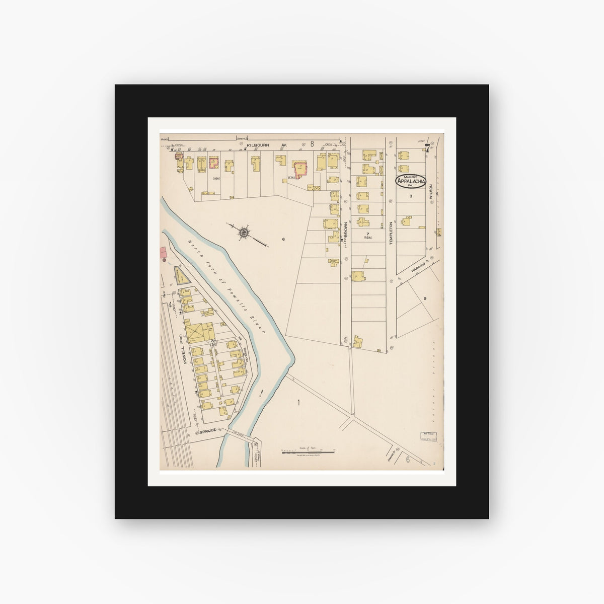 Old map wall art mockup — black gallery frame with white mat — Sanborn Fire Insurance Map from Appalachia, Wise County, Virginia (1922), Sheet #0007
