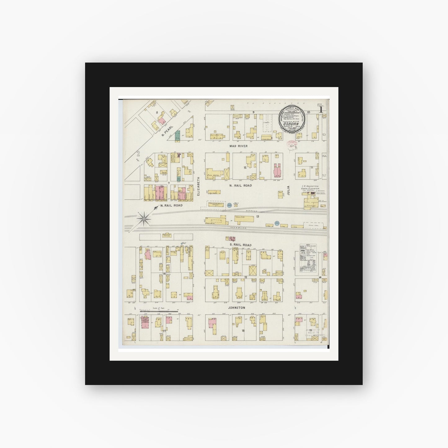 Old map wall art mockup — black gallery frame with white mat — Sanborn Fire Insurance Map from Osborn, Greene County, Ohio (1895), Sheet #0001