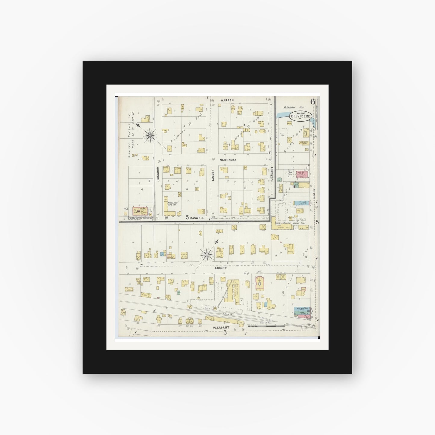 Old map wall art mockup — black gallery frame with white mat — Sanborn Fire Insurance Map from Belvidere, Boone County, Illinois (1897), Sheet #0006