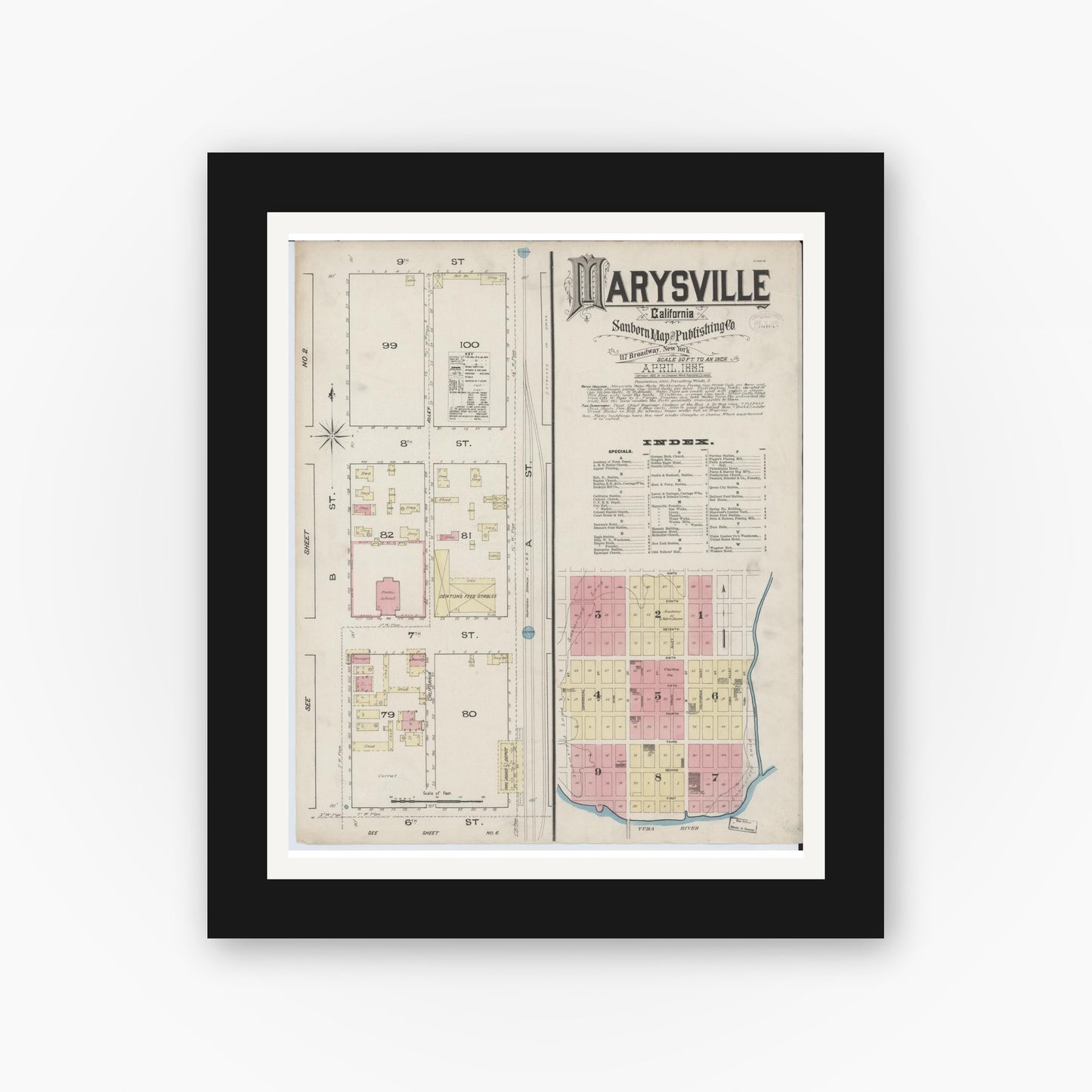 Old map wall art mockup — black gallery frame with white mat — Sanborn Fire Insurance Map from Marysville, Yuba County, California (1885), Sheet #0001