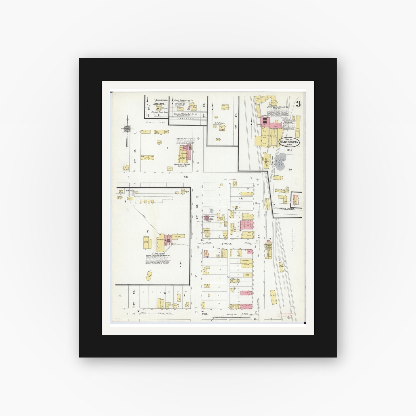 Old map wall art mockup — black gallery frame with white mat — Sanborn Fire Insurance Map from Montgomery, Le Sueur County, Minnesota (1911), Sheet #0003