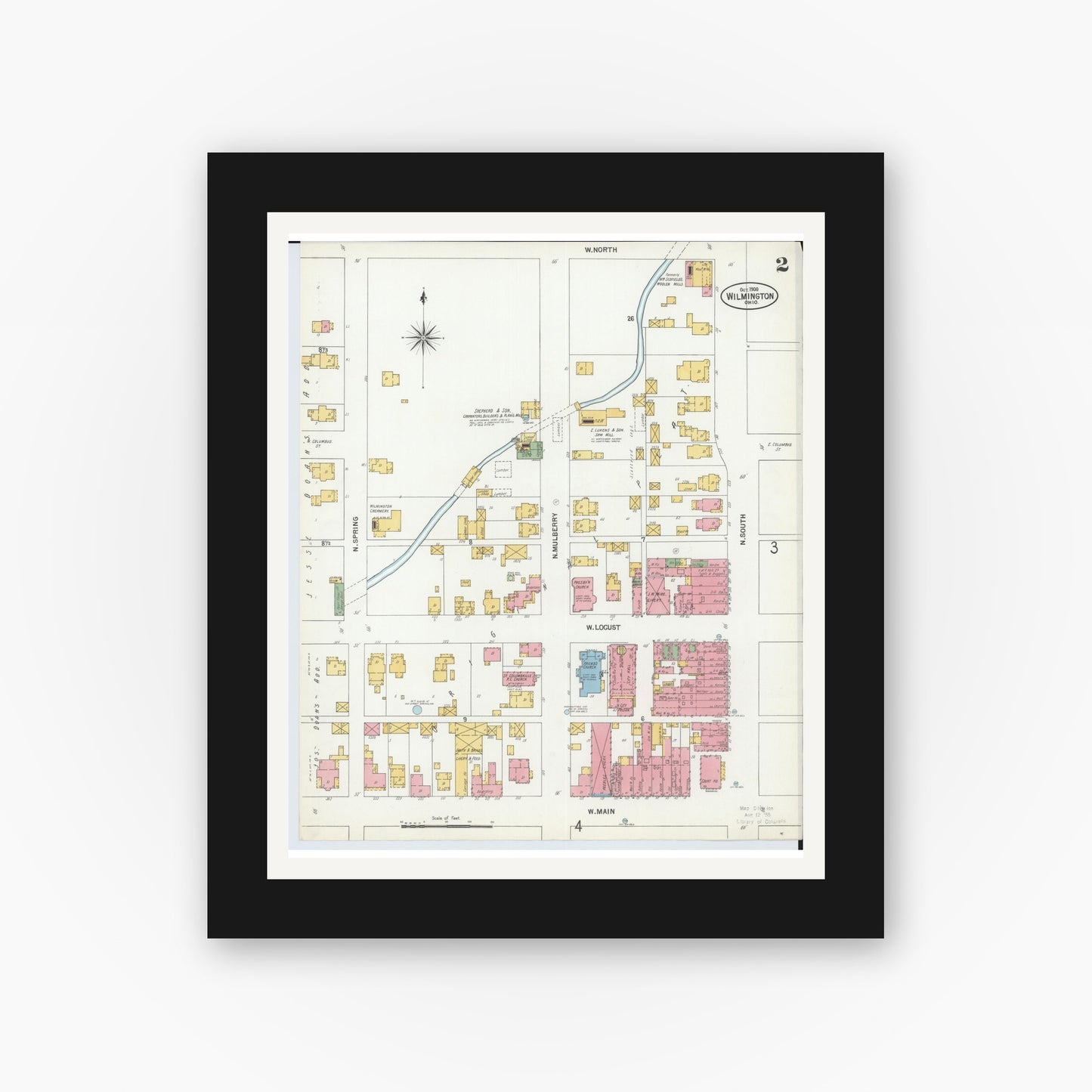 Old map wall art mockup — black gallery frame with white mat — Sanborn Fire Insurance Map from Wilmington, Clinton County, Ohio (1900), Sheet #0002