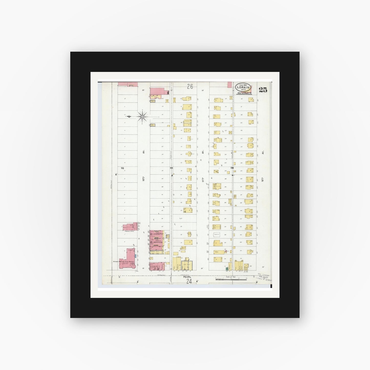 Old map wall art mockup — black gallery frame with white mat — Sanborn Fire Insurance Map from Lorain, Lorain County, Ohio (1905), Sheet #0025