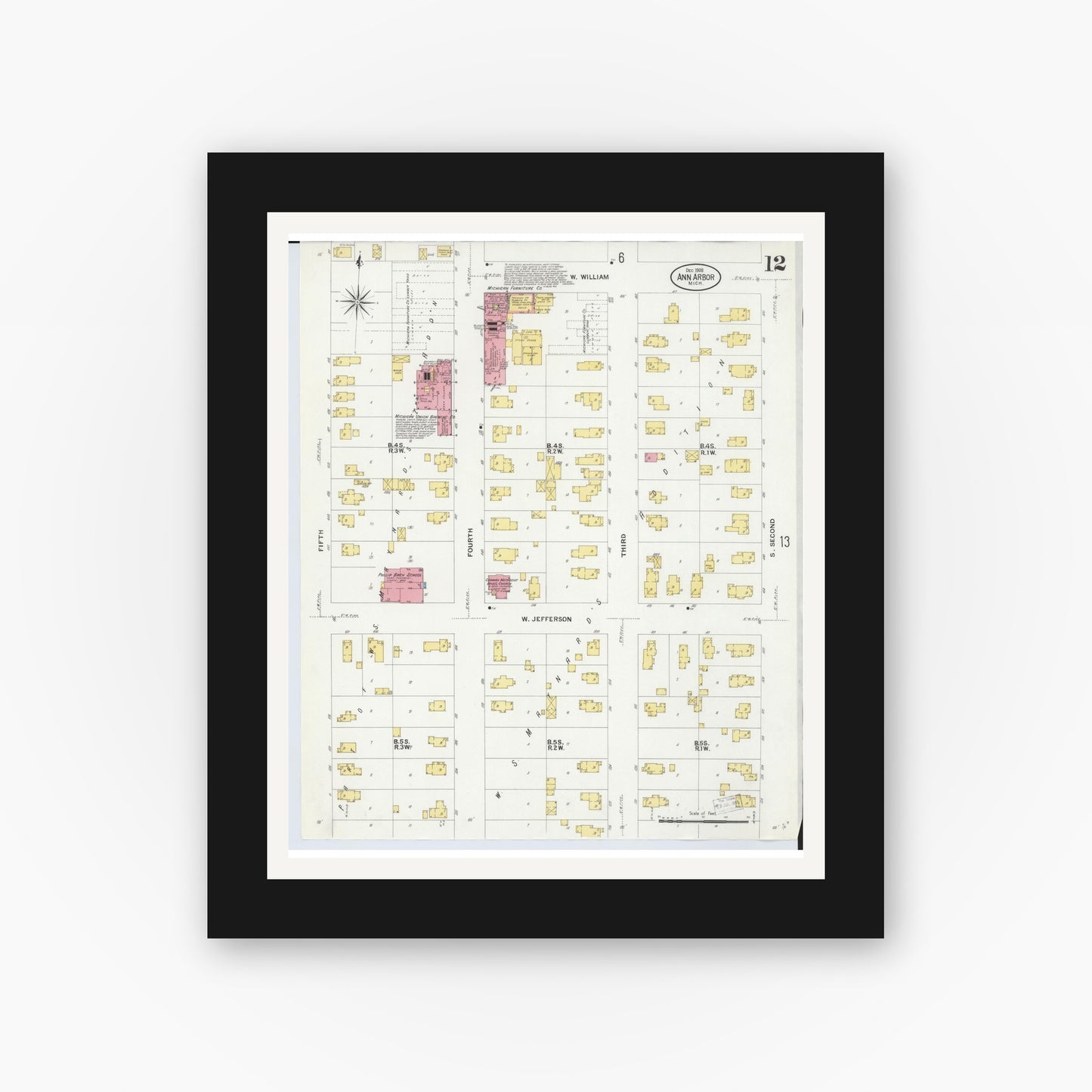 Old map wall art mockup — black gallery frame with white mat — Sanborn Fire Insurance Map from Ann Arbor, Washtenaw County, Michigan (1908), Sheet #0012