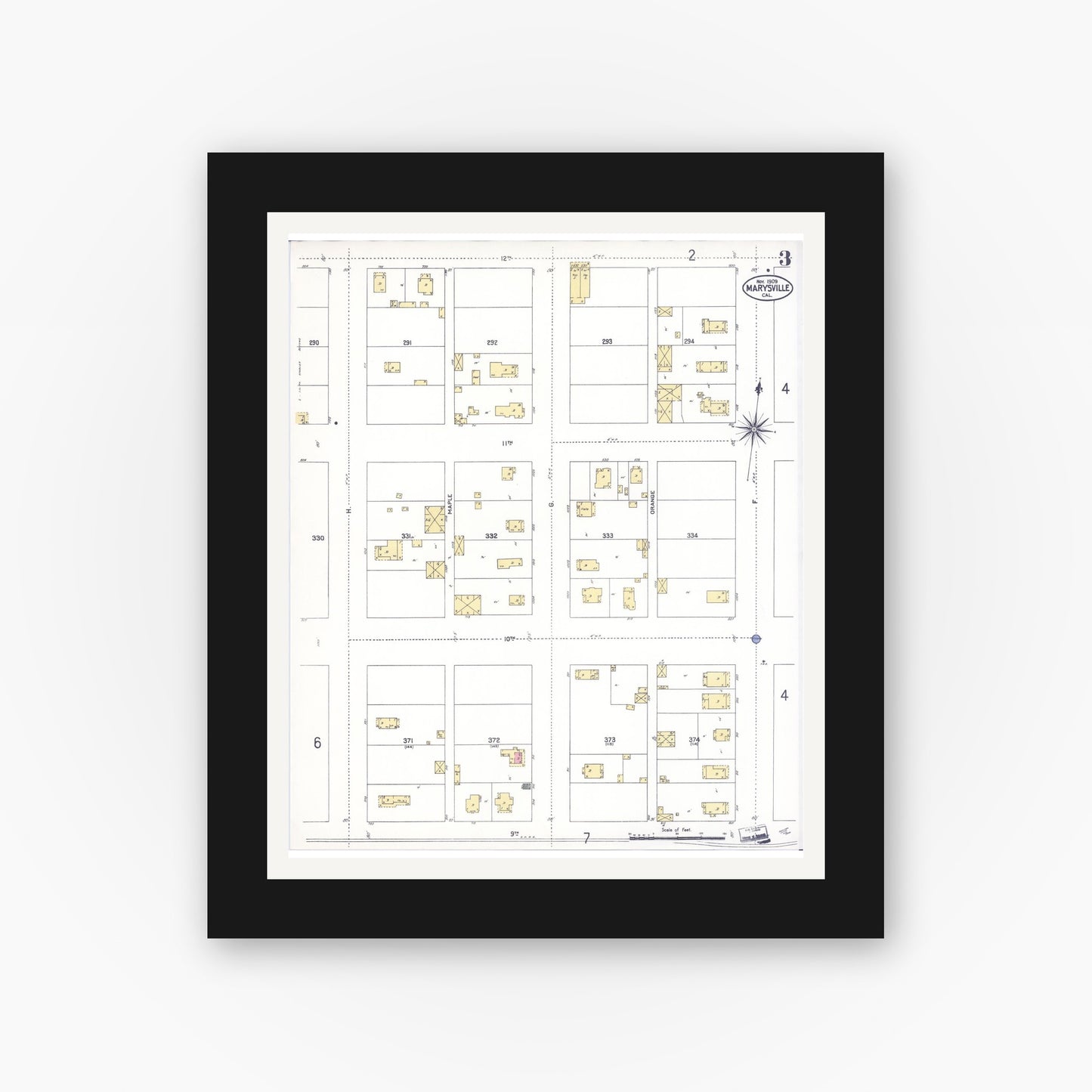 Old map wall art mockup — black gallery frame with white mat — Sanborn Fire Insurance Map from Marysville, Yuba County, California (1909), Sheet #0003