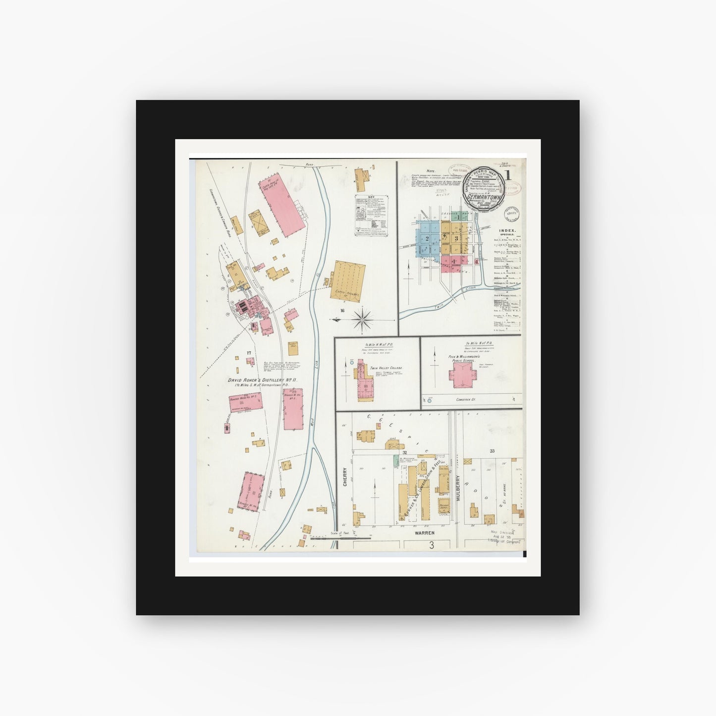 Old map wall art mockup — black gallery frame with white mat — Sanborn Fire Insurance Map from Germantown, Montgomery County, Ohio (1899) - Complete Map Set