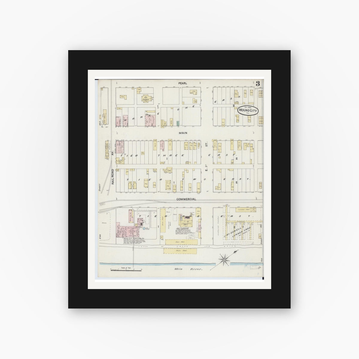Old map wall art mockup — black gallery frame with white mat — Sanborn Fire Insurance Map from Mound City, Pulaski County, Illinois (1889), Sheet #0003