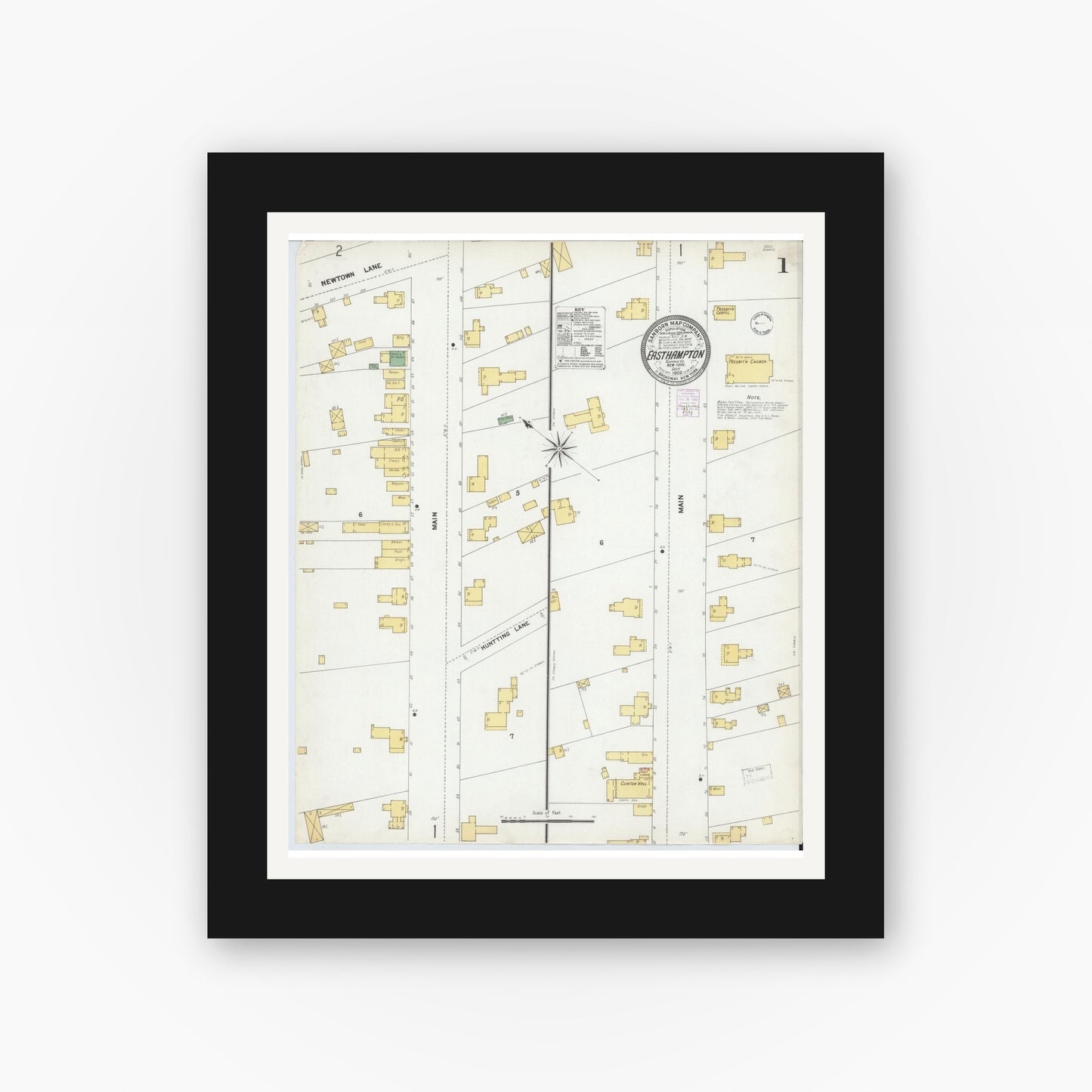 Old map wall art mockup — black gallery frame with white mat — Sanborn Fire Insurance Map from Easthampton, Suffolk County, New York (1902) - Complete Map Set