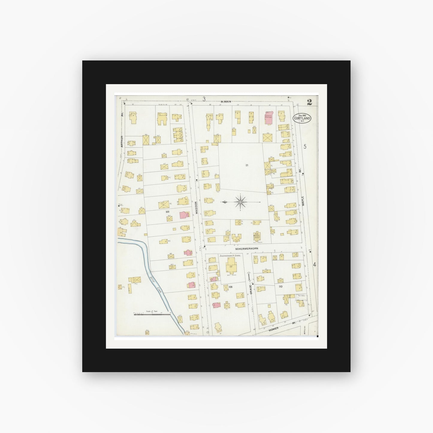 Old map wall art mockup — black gallery frame with white mat — Sanborn Fire Insurance Map from Cortland, Cortland County, New York (1902) - Complete Map Set