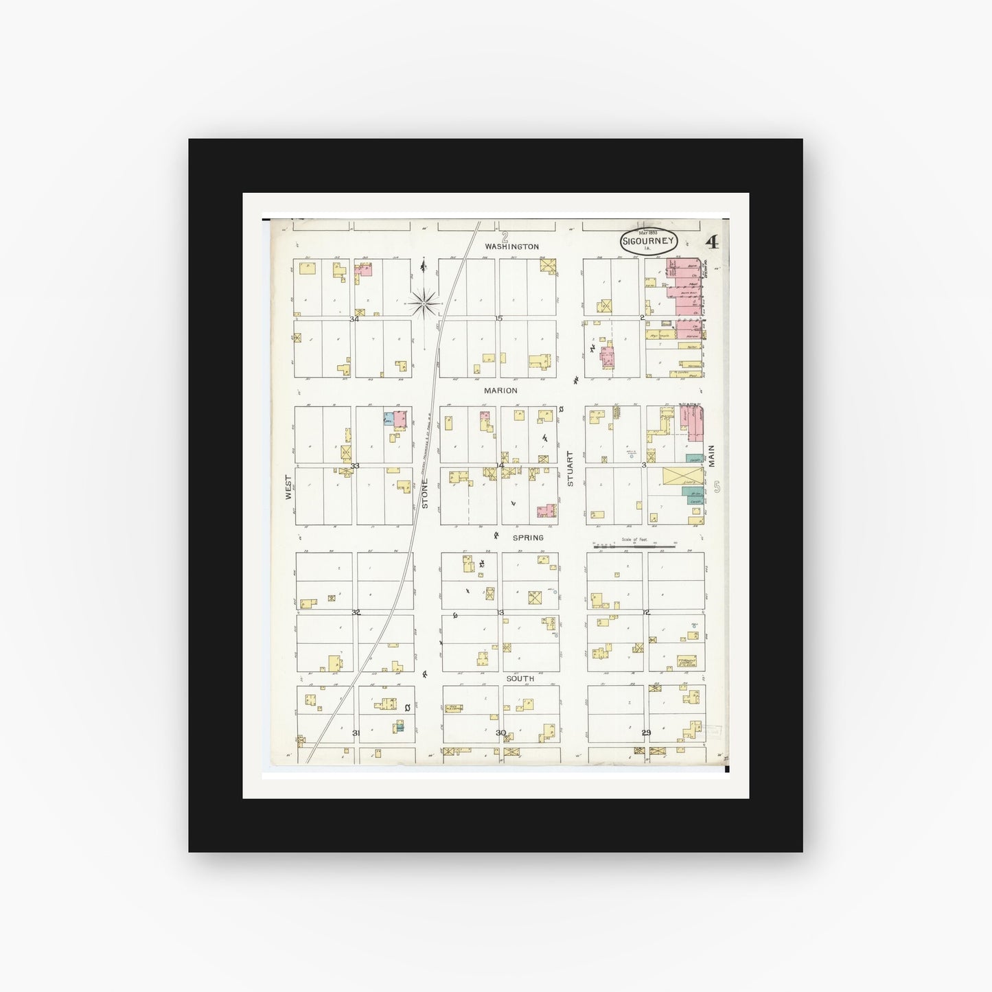 Old map wall art mockup β black gallery frame with white mat β Sanborn Fire Insurance Map from Sigourney, Kiokuk County, Iowa (1893), Sheet #0004
