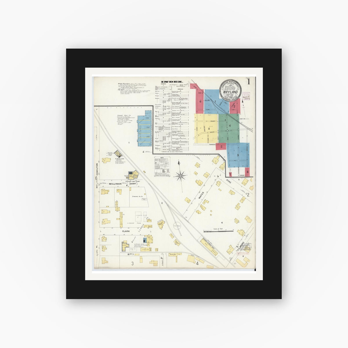 Old map wall art mockup — black gallery frame with white mat — Sanborn Fire Insurance Map from Wayland, Steuben County, New York (1908), Sheet #0001