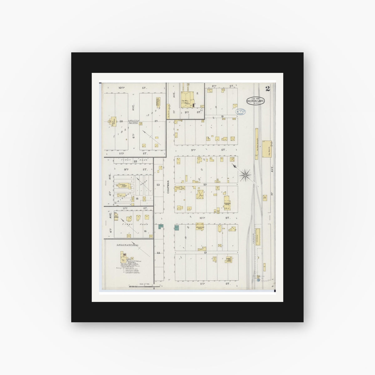 Old map wall art mockup — black gallery frame with white mat — Sanborn Fire Insurance Map from Heron Lake, Jackson County, Minnesota (1894), Sheet #0002
