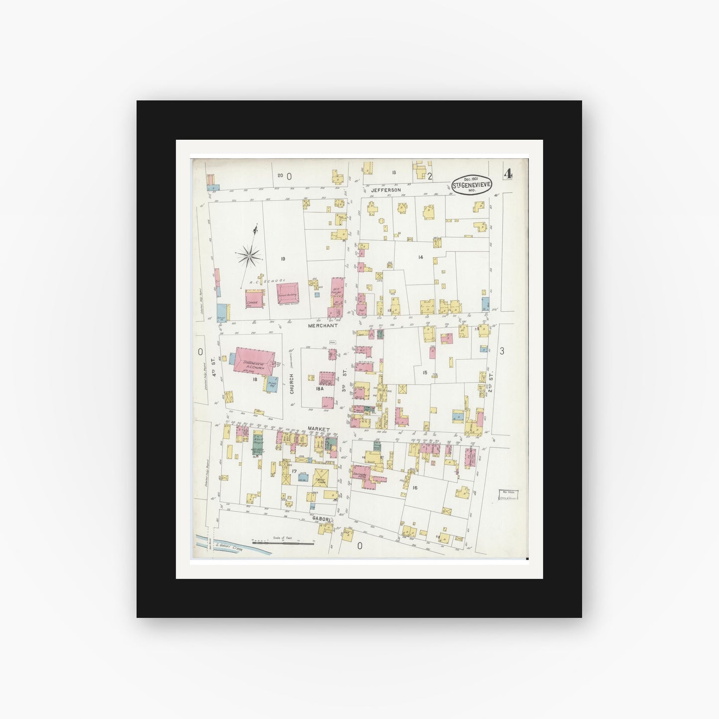 Old map wall art mockup — black gallery frame with white mat — Sanborn Fire Insurance Map from Sainte Genevieve, Saint Genevieve County, Missouri (1901), Sheet #0004