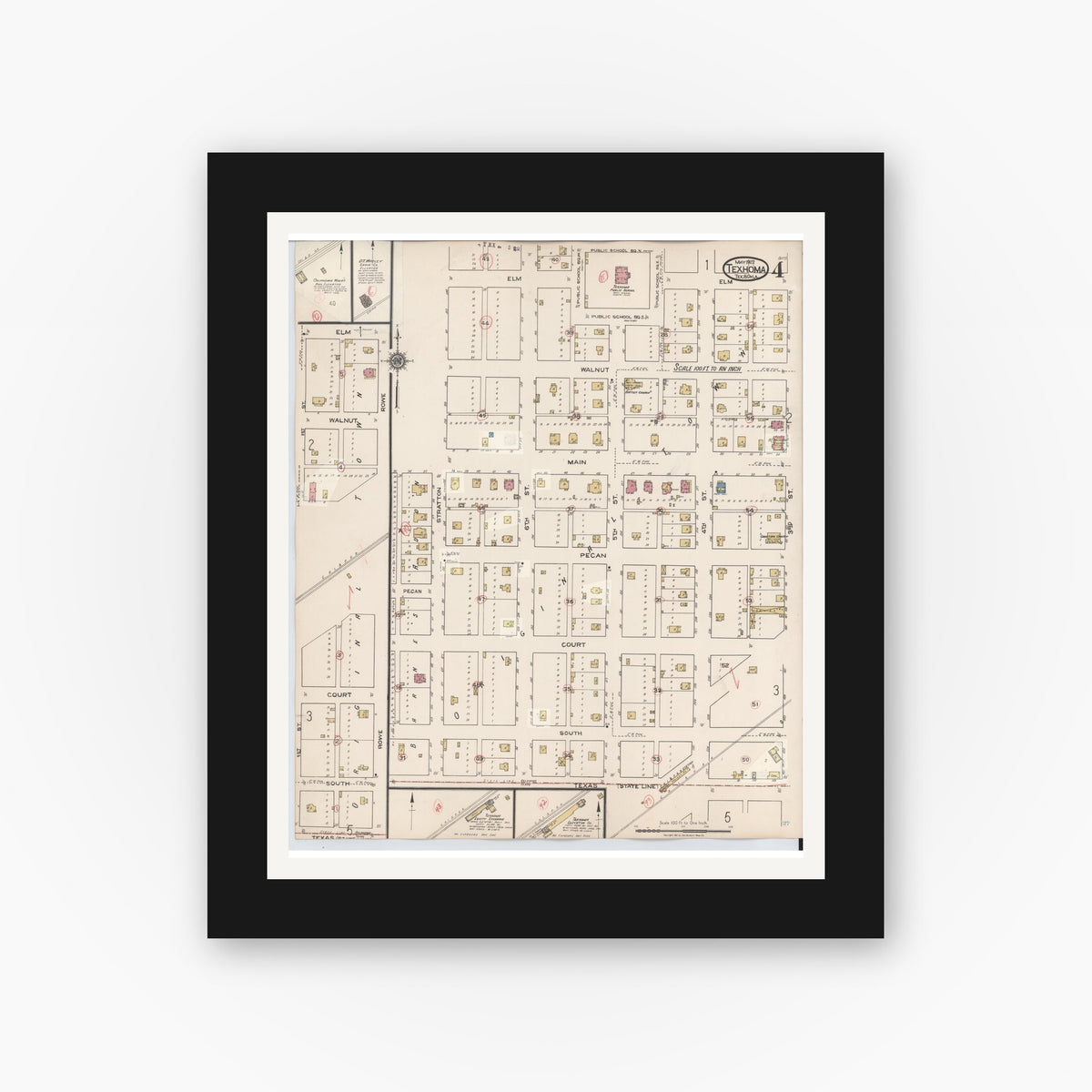 Old map wall art mockup — black gallery frame with white mat — Sanborn Fire Insurance Map from Texhoma, Texas County, Oklahoma and Sherman County, Texas, Texas (1930), Sheet #0004