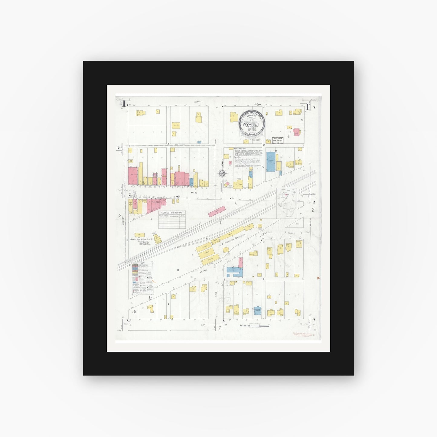 Old map wall art mockup — black gallery frame with white mat — Sanborn Fire Insurance Map from Wyanet, Bureau County, Illinois (1932), Sheet #0001