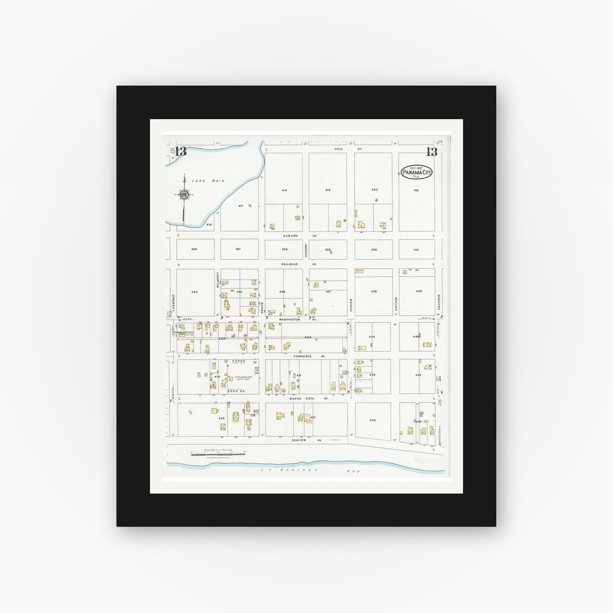 Old map wall art mockup — black gallery frame with white mat — Sanborn Fire Insurance Map from Panama City, Bay County, Florida (1927), Sheet #0013
