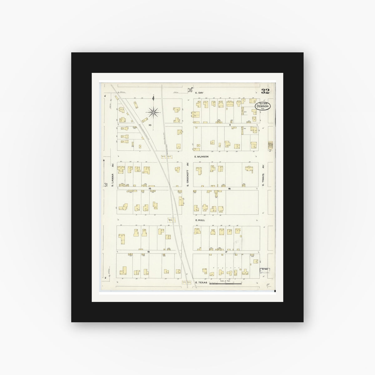 Old map wall art mockup — black gallery frame with white mat — Sanborn Fire Insurance Map from Denison, Grayson County, Texas (1908), Sheet #0032