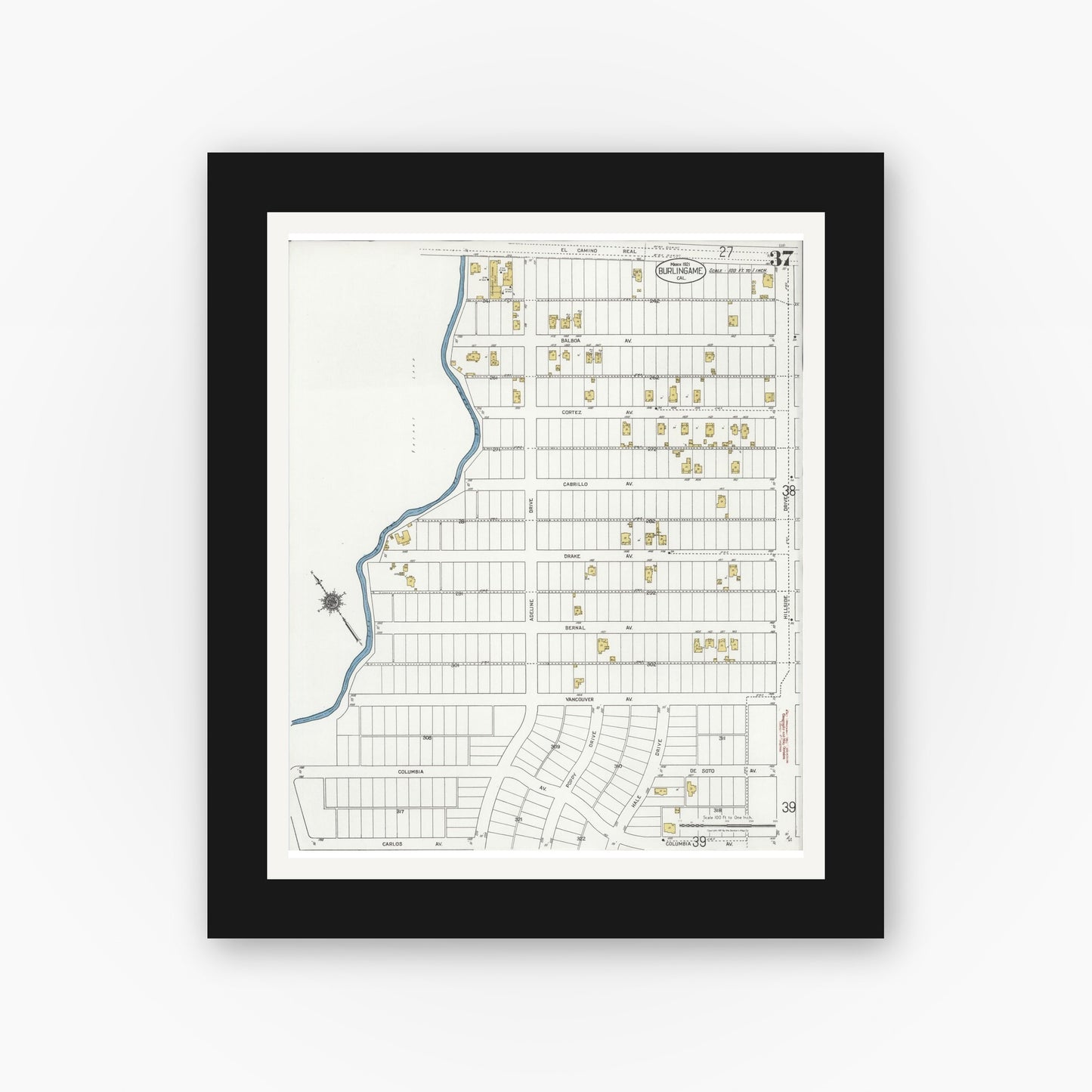 Old map wall art mockup — black gallery frame with white mat — Sanborn Fire Insurance Map from Burlingame, San Mateo County, California (1921), Sheet #0037