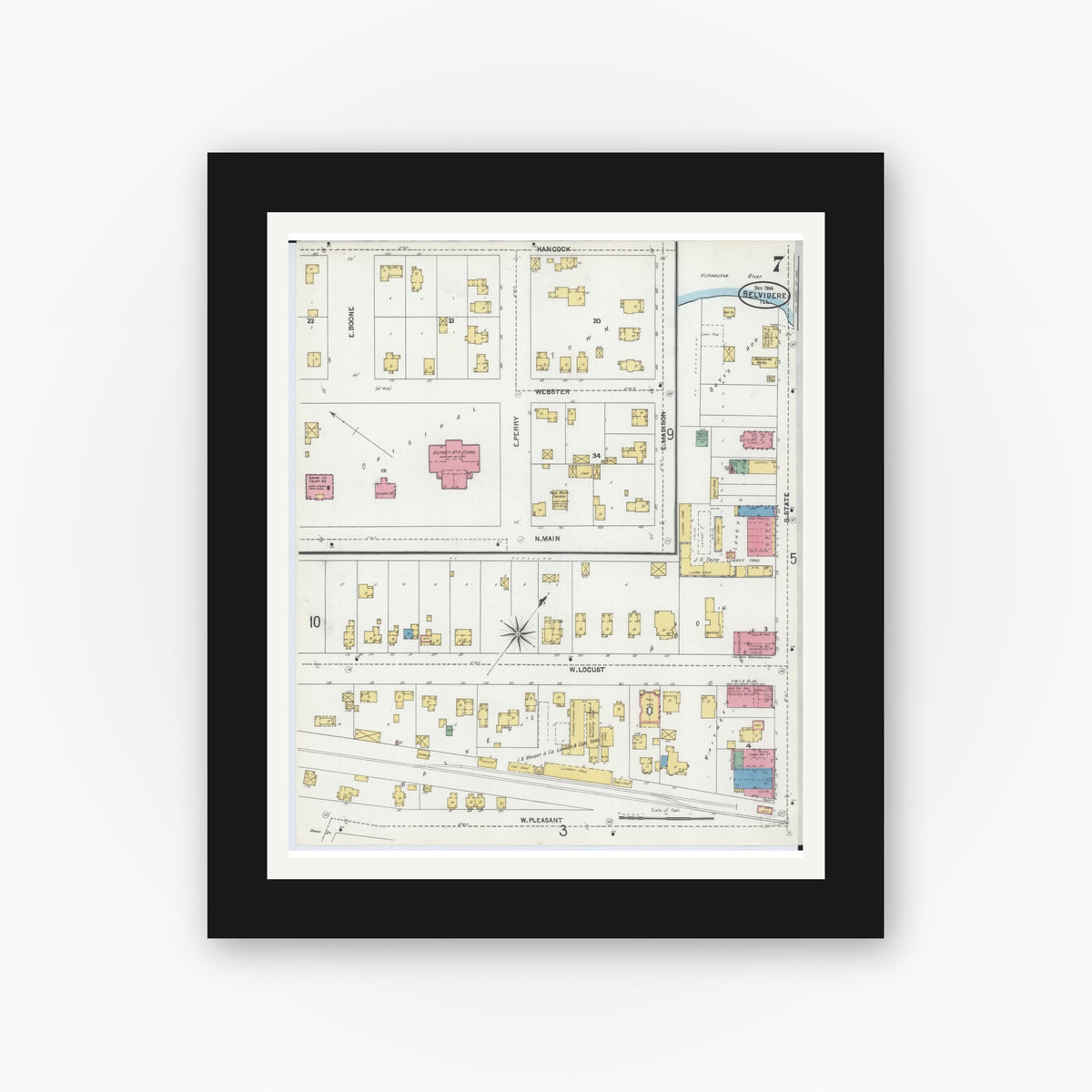 Old map wall art mockup — black gallery frame with white mat — Sanborn Fire Insurance Map from Belvidere, Boone County, Illinois (1904), Sheet #0007