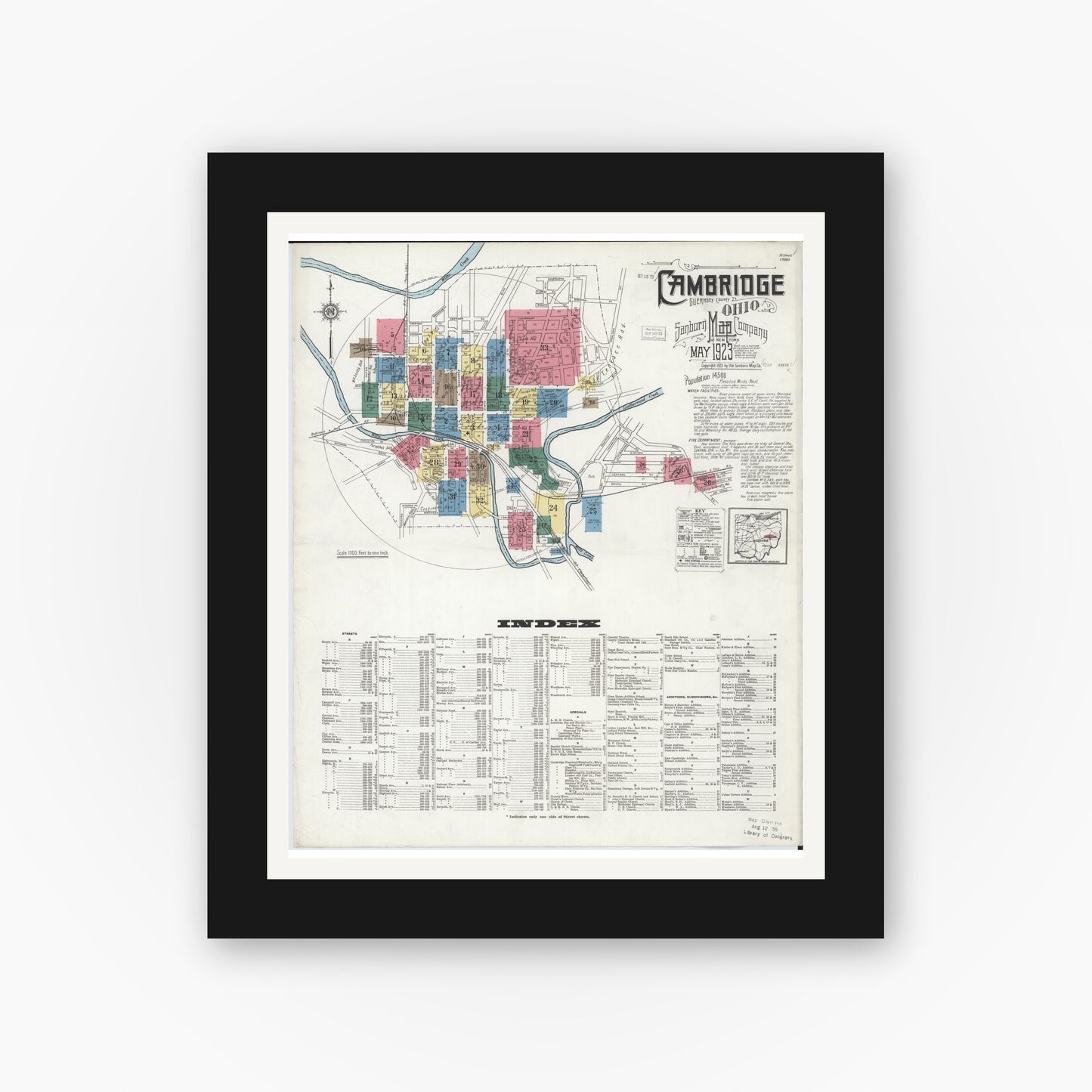 Old map wall art mockup — black gallery frame with white mat — Sanborn Fire Insurance Map from Cambridge, Guernsey County, Ohio (1923) - Complete Map Set