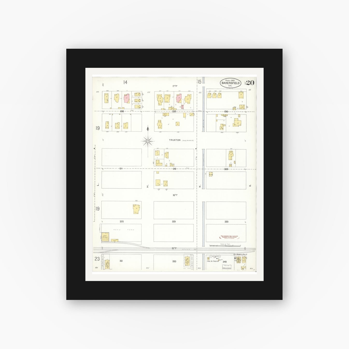 Old map wall art mockup — black gallery frame with white mat — Sanborn Fire Insurance Map from Bakersfield, Kern County, California (1905), Sheet #0020