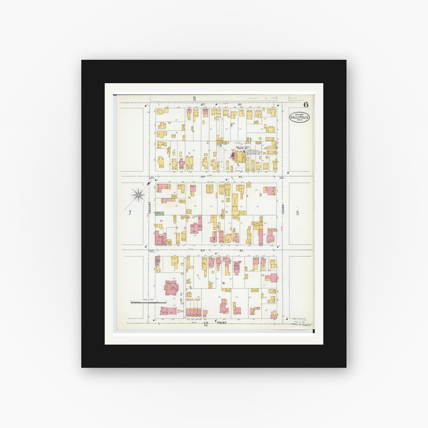 Old map wall art mockup — black gallery frame with white mat — Sanborn Fire Insurance Map from Gallipolis, Gallia County, Ohio (1900), Sheet #0006