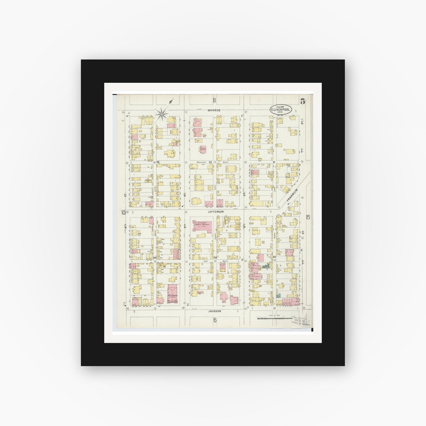 Old map wall art mockup — black gallery frame with white mat — Sanborn Fire Insurance Map from East Liverpool, Columbiana County, Ohio (1897), Sheet #0005
