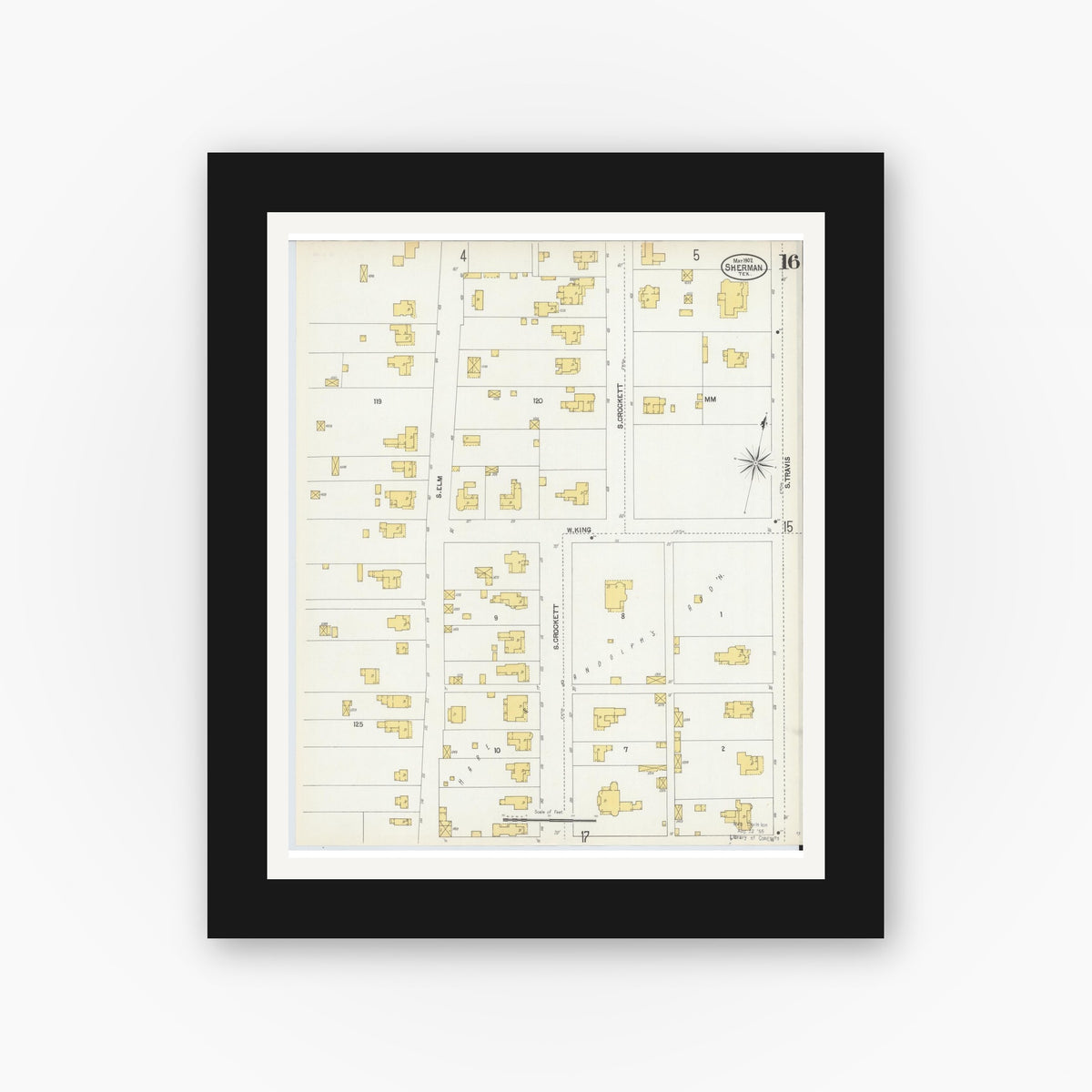 Old map wall art mockup — black gallery frame with white mat — Sanborn Fire Insurance Map from Sherman, Grayson County, Texas (1902), Sheet #0016