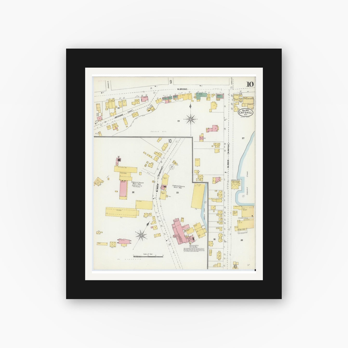 Old map wall art mockup — black gallery frame with white mat — Sanborn Fire Insurance Map from Catskill, Greene County, New York (1903), Sheet #0010