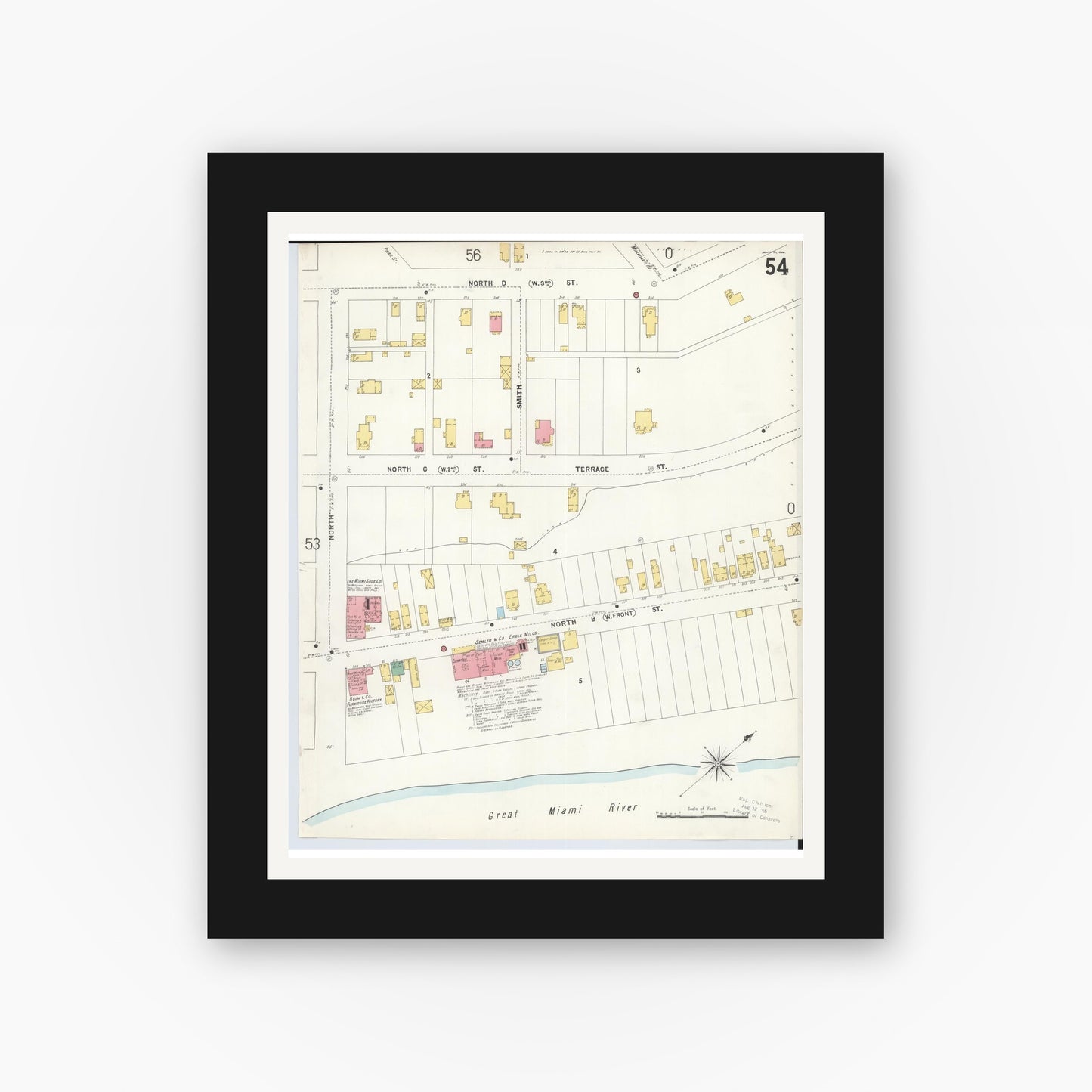 Old map wall art mockup — black gallery frame with white mat — Sanborn Fire Insurance Map from Hamilton, Butler County, Ohio (1899), Sheet #0054