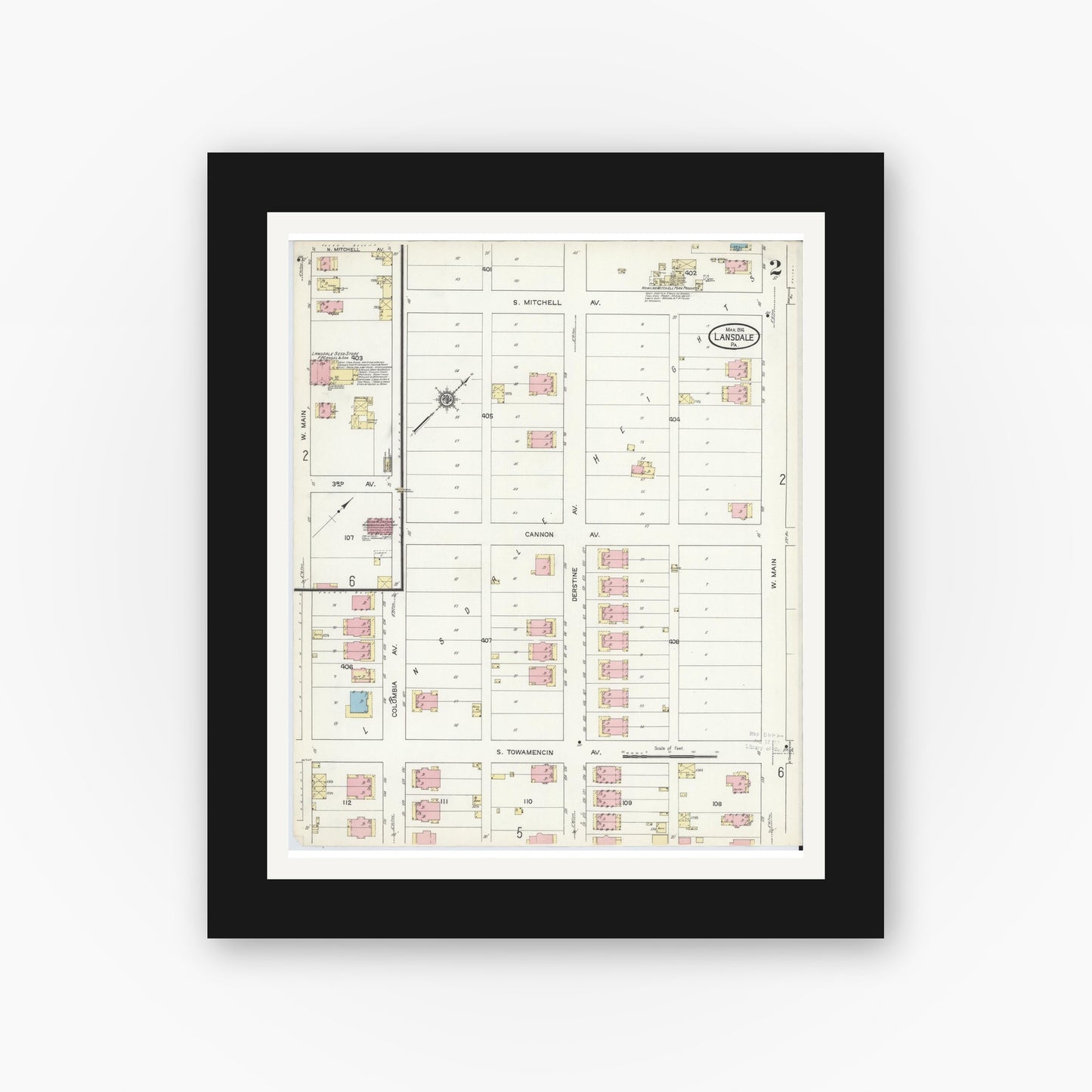Old map wall art mockup — black gallery frame with white mat — Sanborn Fire Insurance Map from Lansdale, Montgomery County, Pennsylvania (1914), Sheet #0002