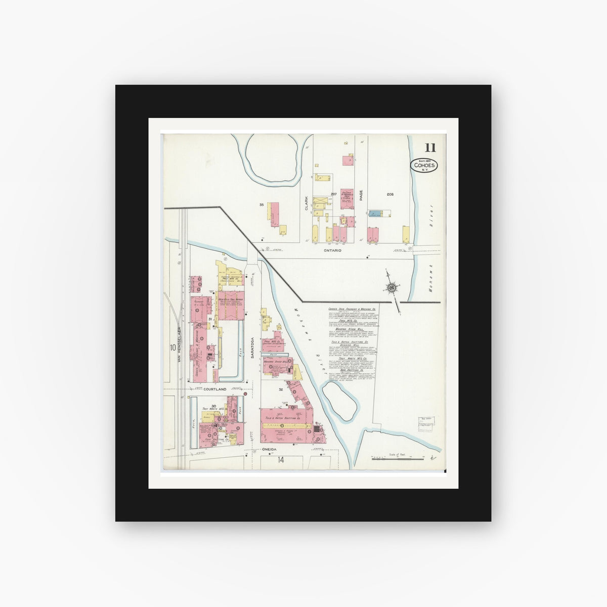 Old map wall art mockup — black gallery frame with white mat — Sanborn Fire Insurance Map from Cohoes, Albany County, New York (1910), Sheet #0011