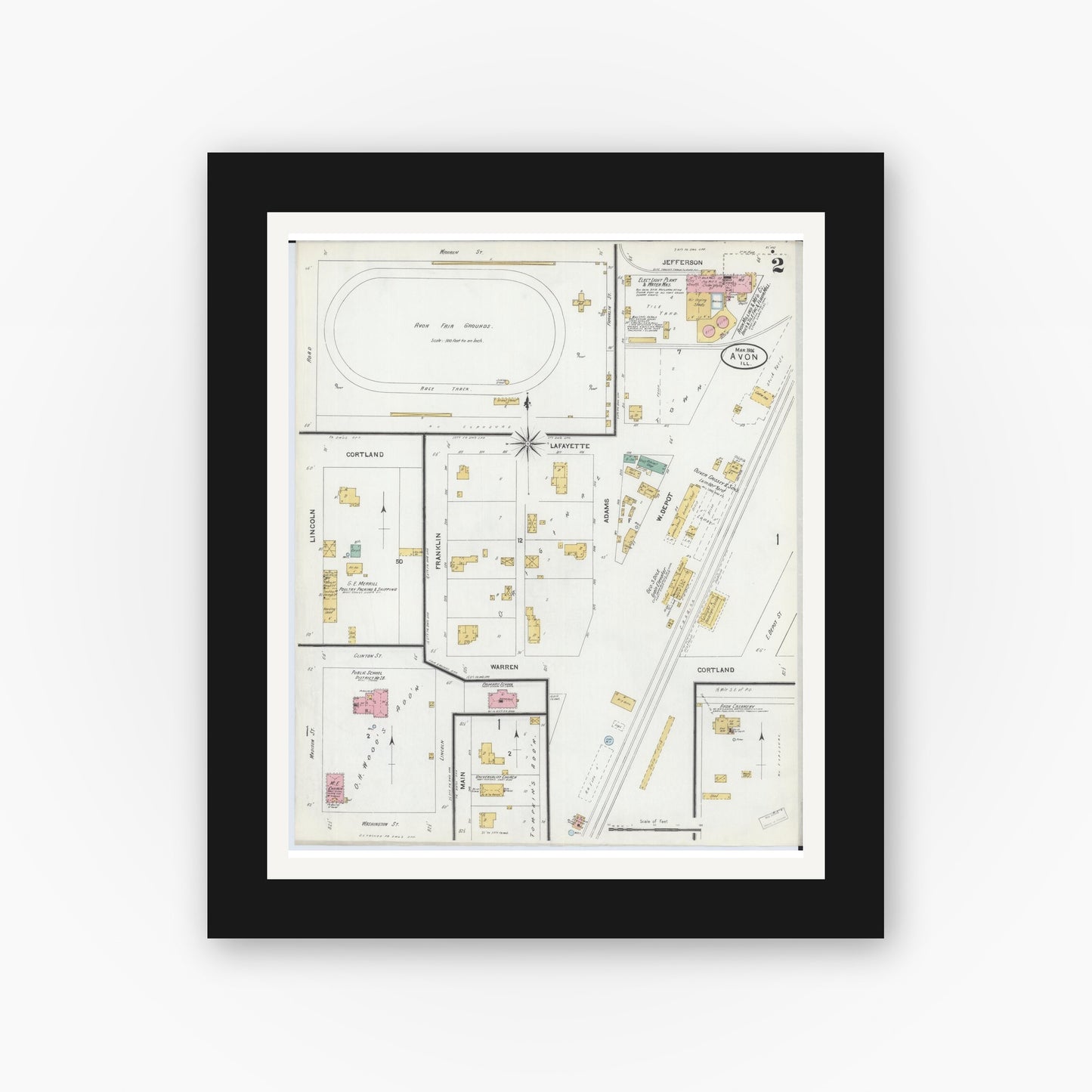 Old map wall art mockup — black gallery frame with white mat — Sanborn Fire Insurance Map from Avon, Fulton County, Illinois (1906), Sheet #0002