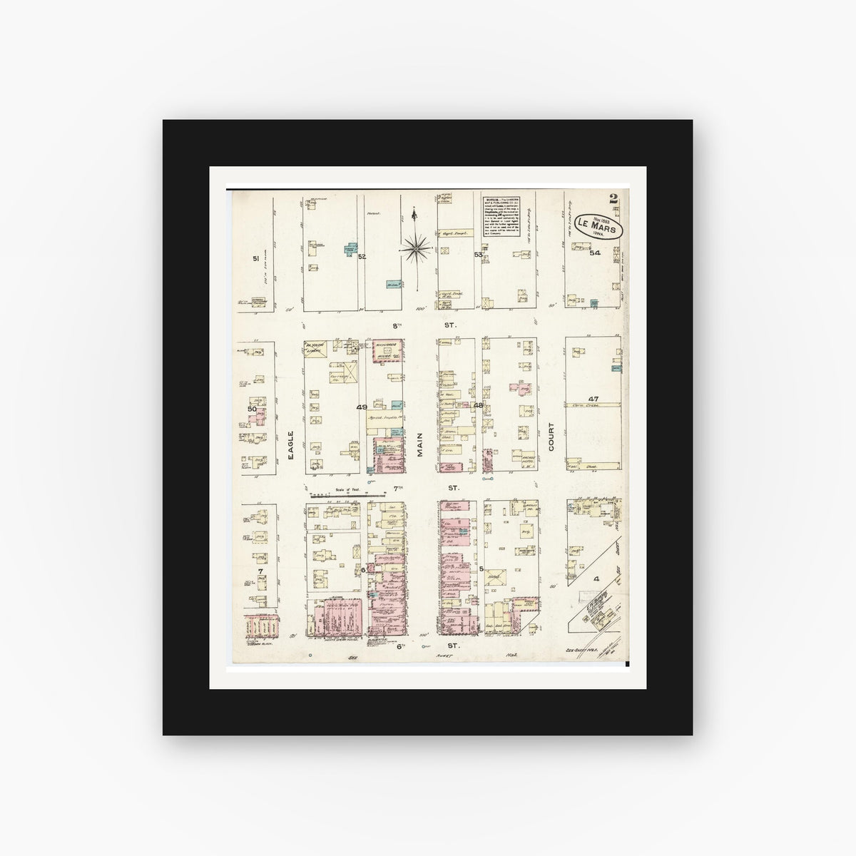 Old map wall art mockup — black gallery frame with white mat — Sanborn Fire Insurance Map from Le Mars, Plymouth County, Iowa (1883), Sheet #0002