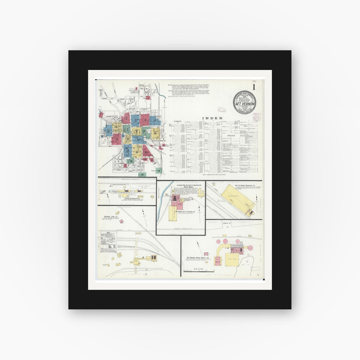 Old map wall art mockup — black gallery frame with white mat — Sanborn Fire Insurance Map from Mount Vernon, Jefferson County, Illinois (1908) - Complete Map Set