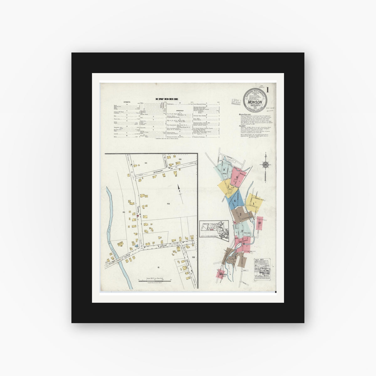 Old map wall art mockup — black gallery frame with white mat — Sanborn Fire Insurance Map from Monson, Hampden County, Massachusetts (1918), Sheet #0001