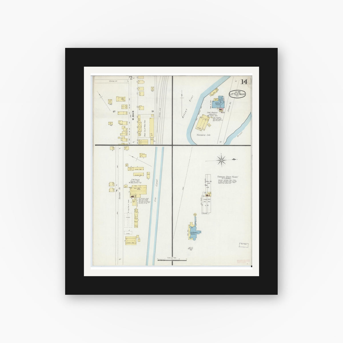 Old map wall art mockup — black gallery frame with white mat — Sanborn Fire Insurance Map from Little Falls, Herkimer County, New York (1897), Sheet #0014