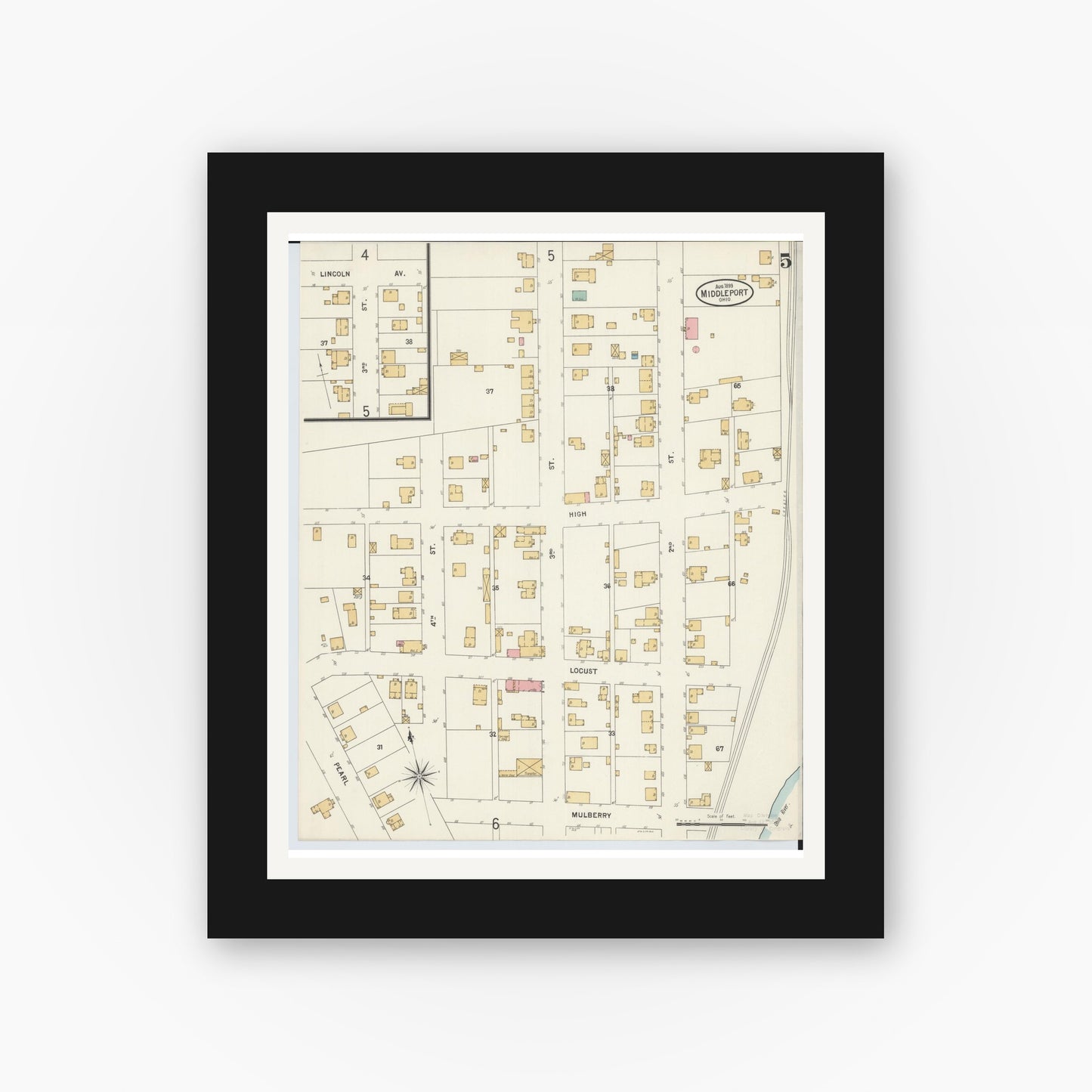 Old map wall art mockup — black gallery frame with white mat — Sanborn Fire Insurance Map from Middleport, Meigs County, Ohio (1899), Sheet #0005