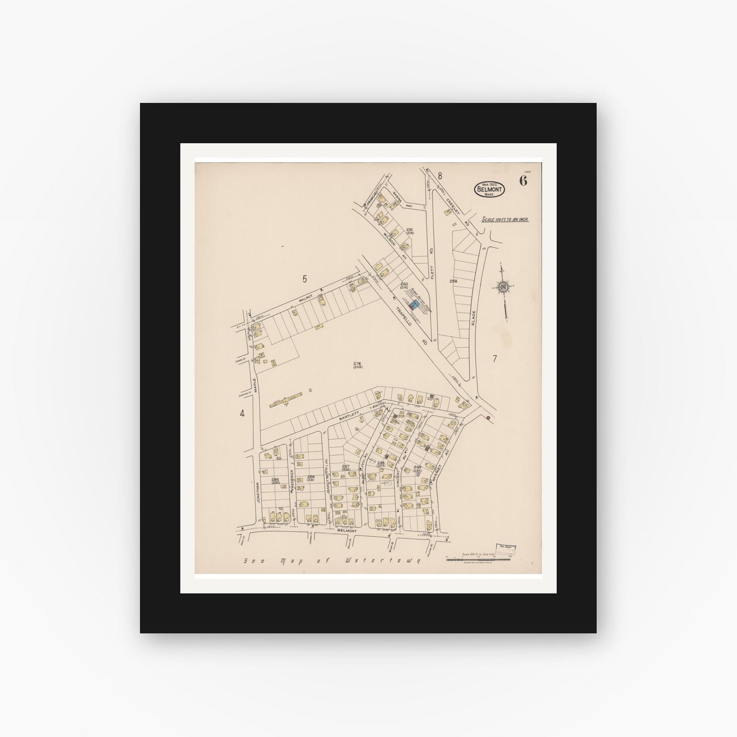 Old map wall art mockup — black gallery frame with white mat — Sanborn Fire Insurance Map from Belmont, Middlesex County, Massachusetts (1922), Sheet #0006
