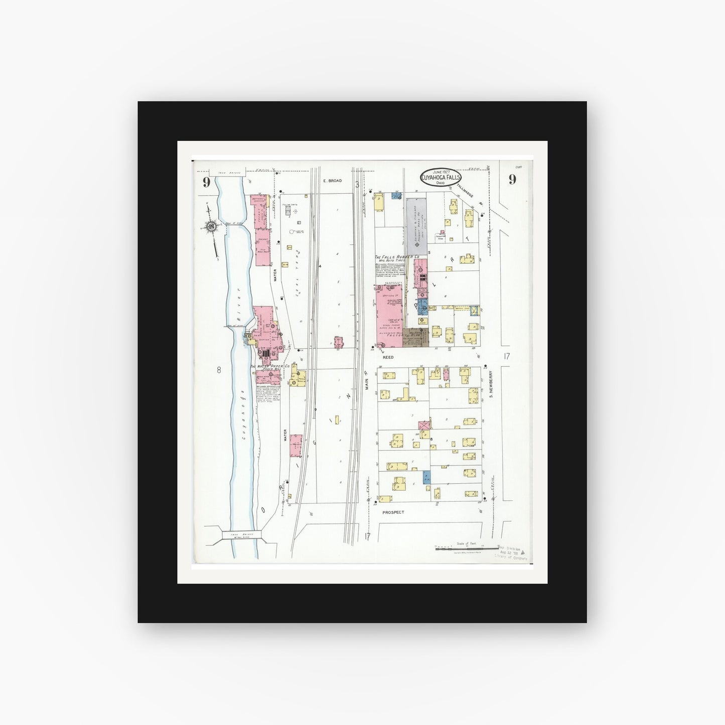 Old map wall art mockup — black gallery frame with white mat — Sanborn Fire Insurance Map from Cuyahoga Falls, Summit County, Ohio (1927), Sheet #0009
