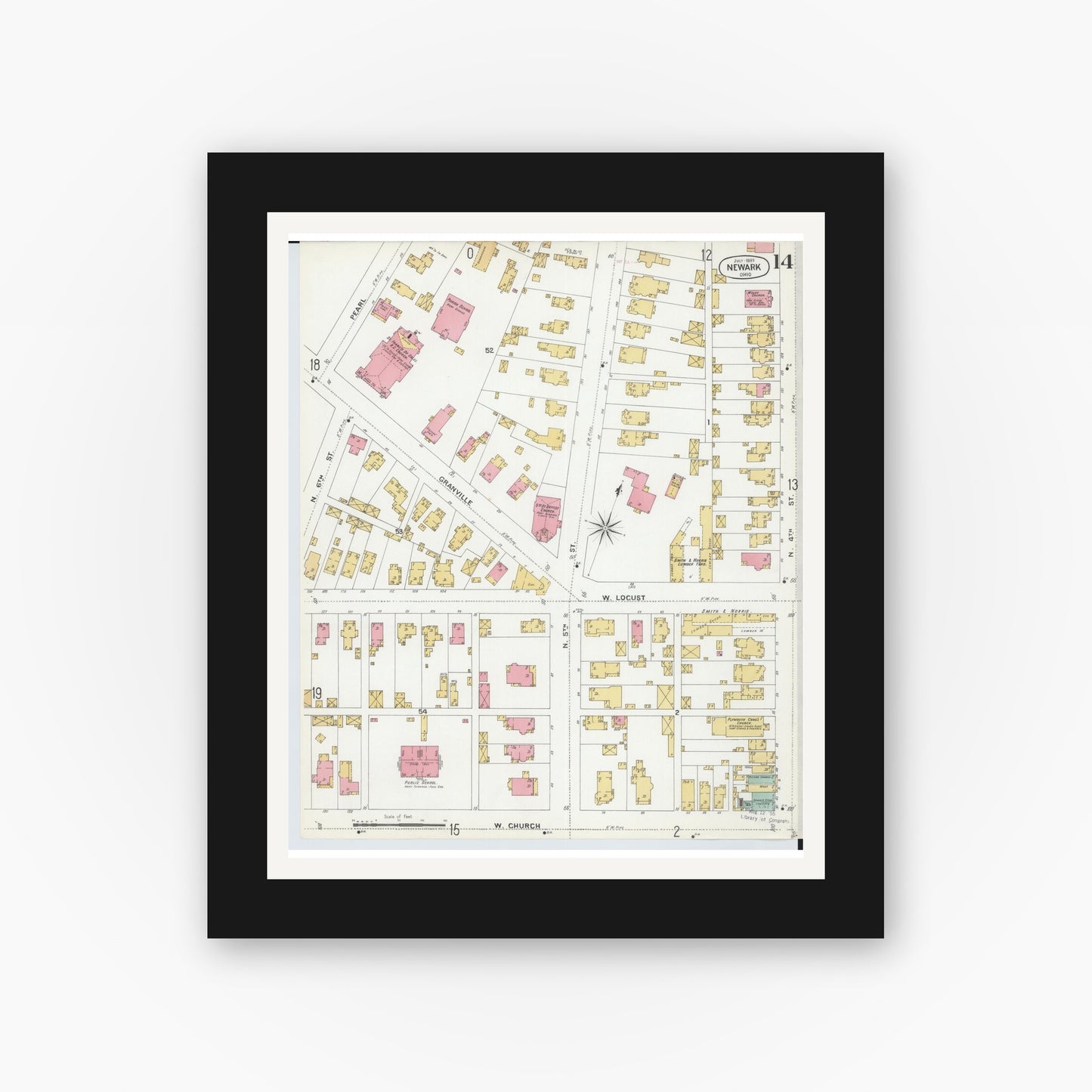 Old map wall art mockup — black gallery frame with white mat — Sanborn Fire Insurance Map from Newark, Licking County, Ohio (1899), Sheet #0014