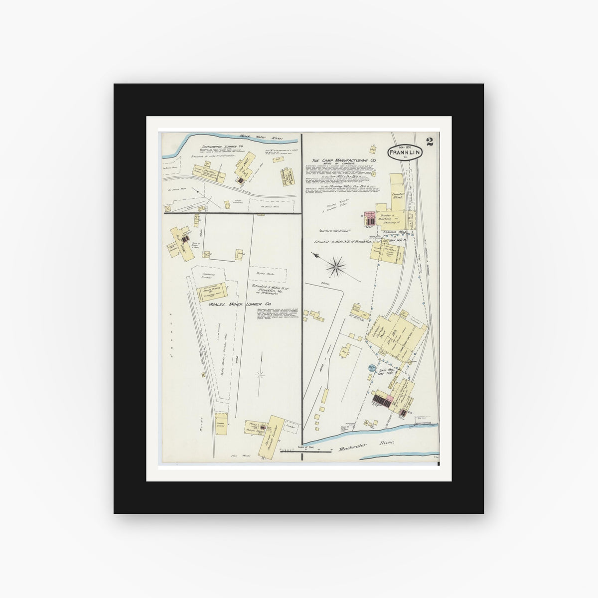 Old map wall art mockup — black gallery frame with white mat — Sanborn Fire Insurance Map from Franklin, Independent Cities, Virginia (1891), Sheet #0002